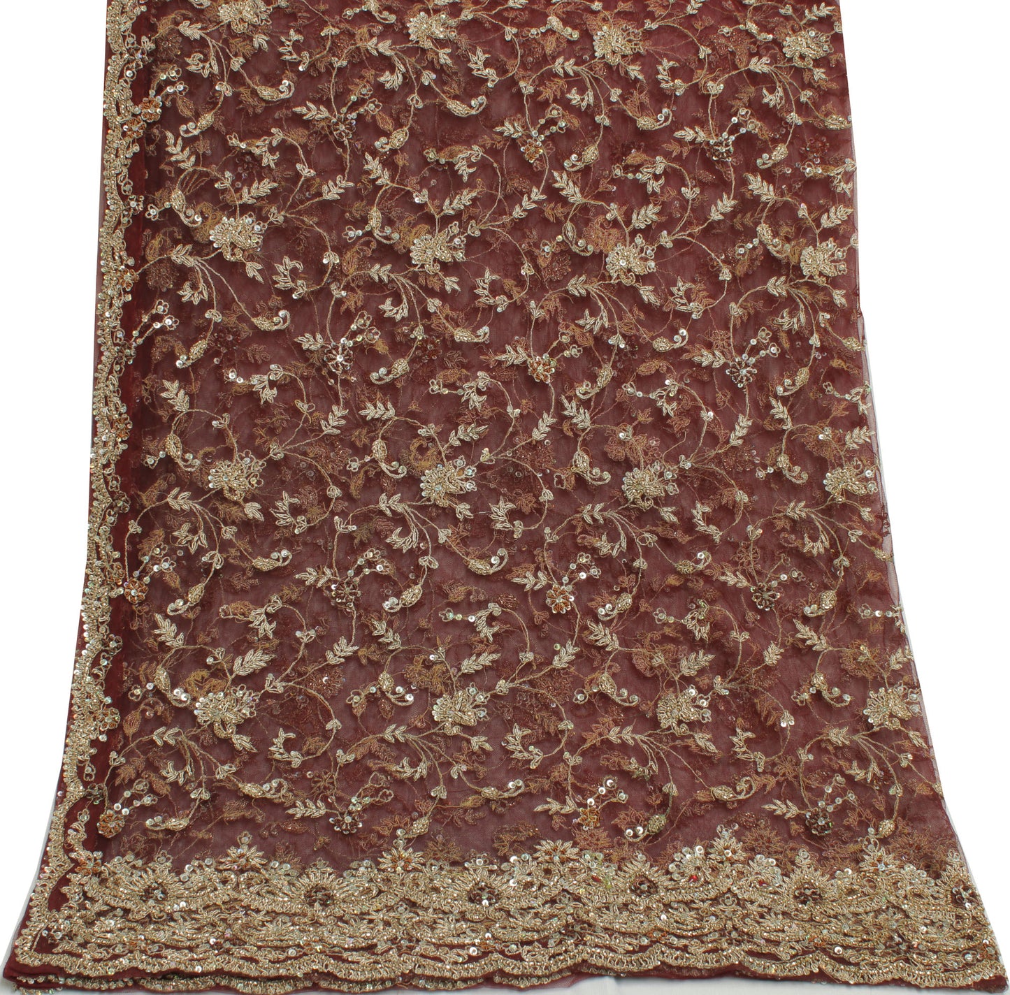 Sushila Vintage Burgundy Heavy Dupatta Net Mesh Hand Beaded Zardozi Long Stole
