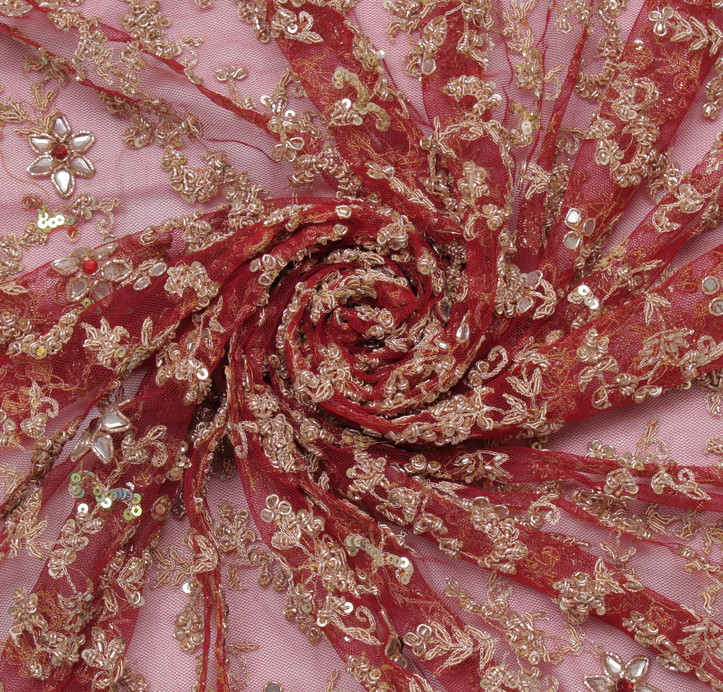 Sushila Vintage Red Heavy Dupatta Net Mesh Hand Beaded Zardozi Long Stole Veil