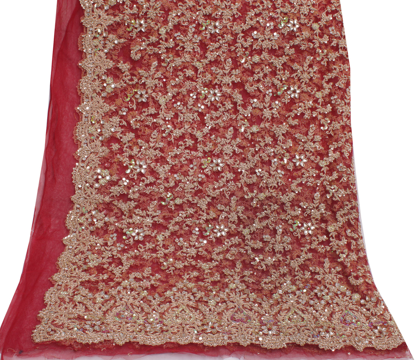 Sushila Vintage Red Heavy Dupatta Net Mesh Hand Beaded Zardozi Long Stole Veil