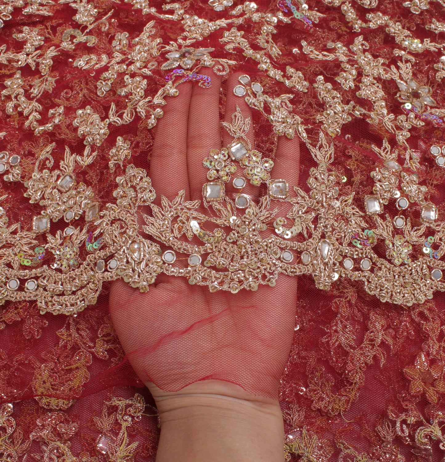 Sushila Vintage Red Heavy Dupatta Net Mesh Hand Beaded Zardozi Long Stole Veil