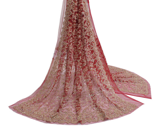 Sushila Vintage Red Heavy Dupatta Net Mesh Hand Beaded Zardozi Long Stole Veil