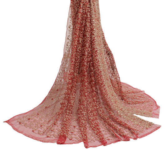 Sushila Vintage Red Heavy Dupatta Net Mesh Hand Beaded Zardozi Long Stole Veil