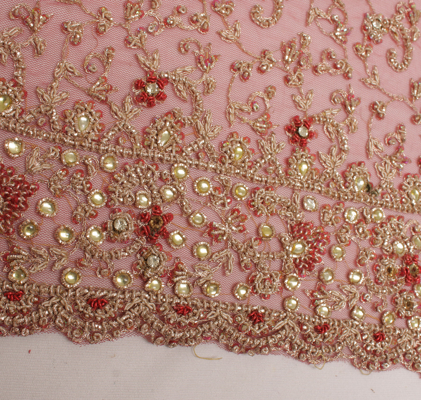 Sushila Vintage Red Heavy Dupatta Net Mesh Hand Beaded Zardozi Long Stole Veil