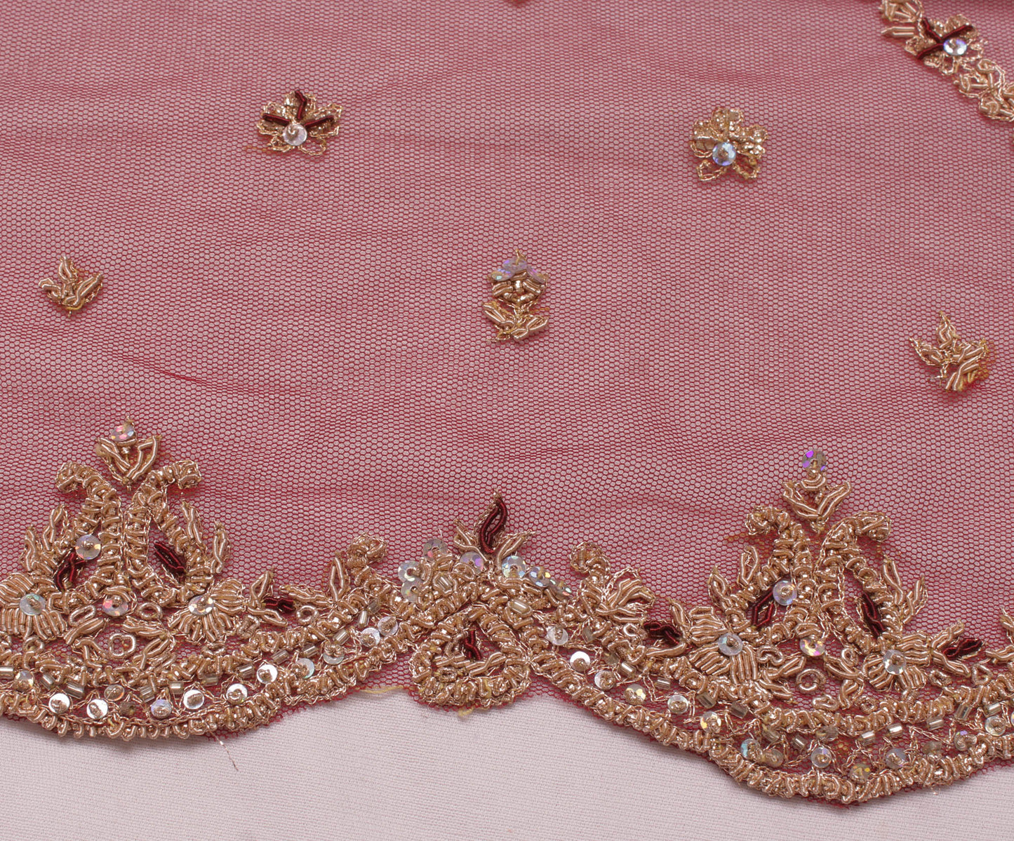 Sushila Vintage Maroon Heavy Dupatta Net Mesh Hand Beaded Long Stole Scarves