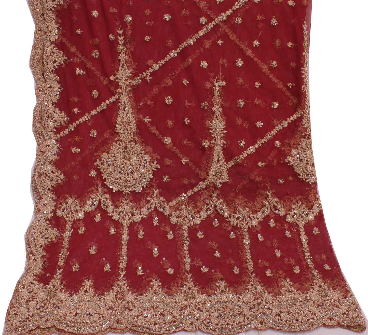 Sushila Vintage Maroon Heavy Dupatta Net Mesh Hand Beaded Long Stole Scarves