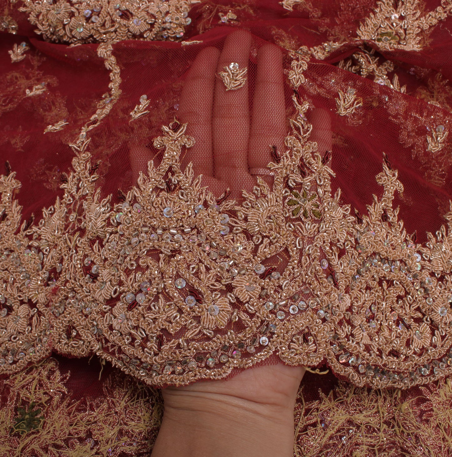 Sushila Vintage Maroon Heavy Dupatta Net Mesh Hand Beaded Long Stole Scarves