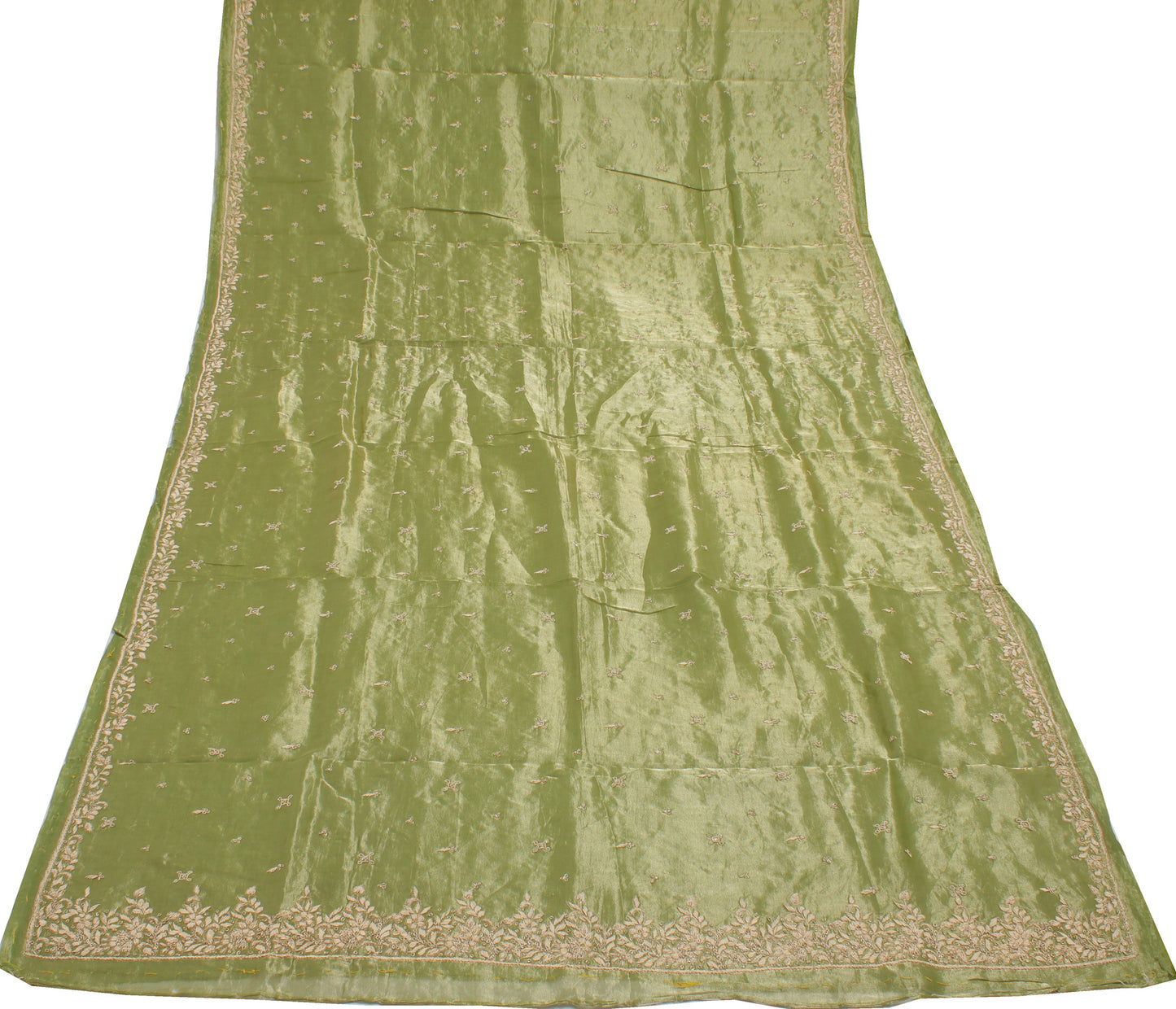 Sushila Vintage Green Heavy Dupatta Pure Tissue Silk Hand Beaded Long Stole Veil