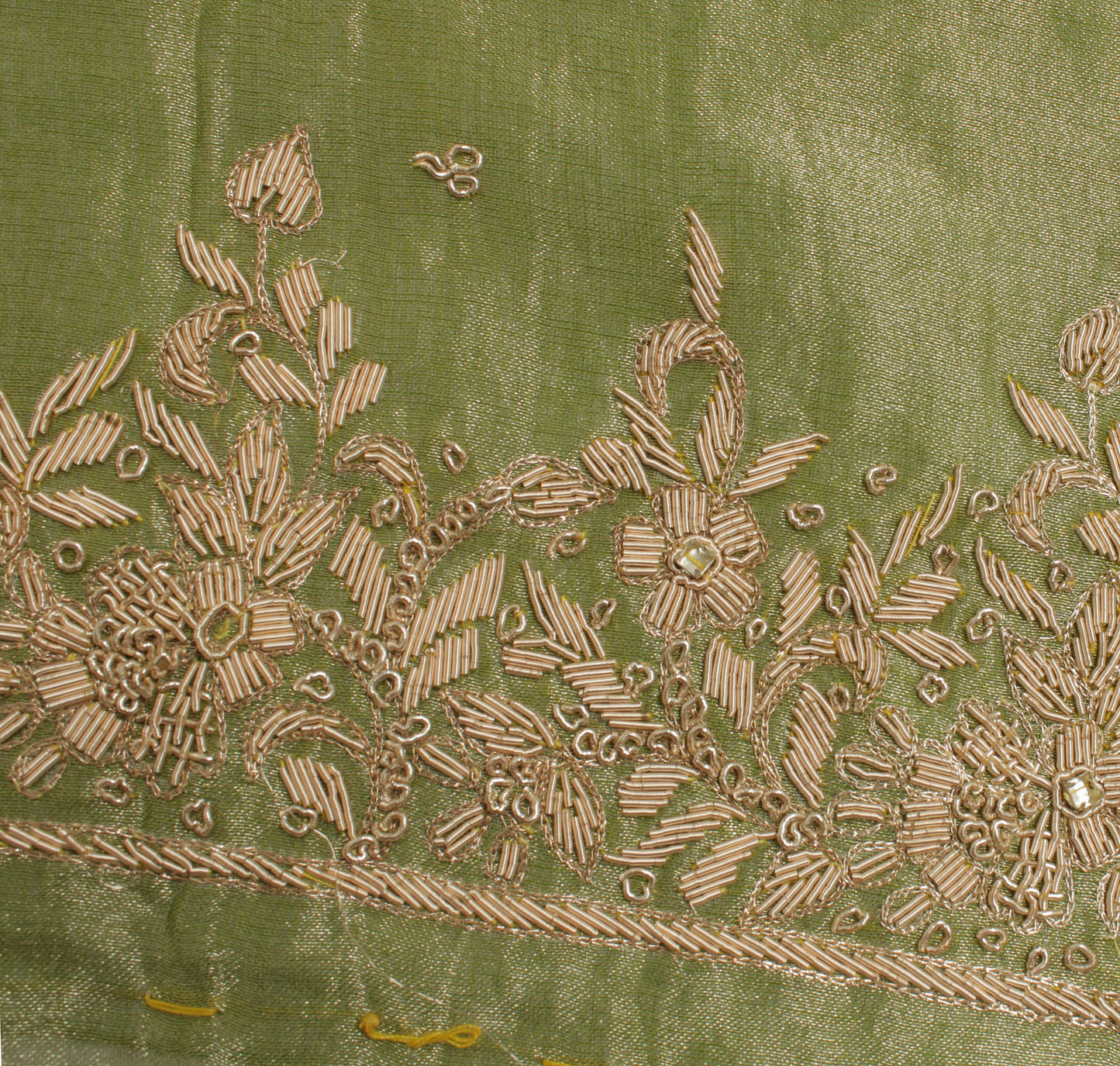 Sushila Vintage Green Heavy Dupatta Pure Tissue Silk Hand Beaded Long Stole Veil